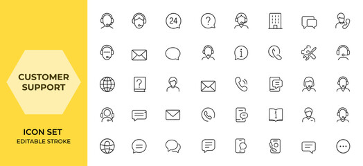 Customer support and service icon set for web and mobile apps in line style. Assistance, online help, 24 hrs service, help, customer care, vector illustration and more.