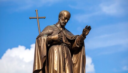 Fototapeta premium Bronze statue of a saint against a partly cloudy sky (1)