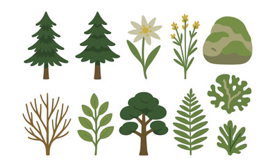 Flat botanical elements featuring trees and plants in natural colors