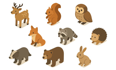 Obraz premium Isometric woodland animals set featuring deer, fox, and more