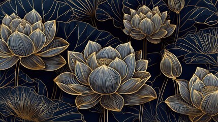 Luxury gold lotus background vector. Zen wallpaper collection with golden lotus line art. Design for yoga banner, Luxury cover design and invitation, invite, banner, Natural product packaging design.