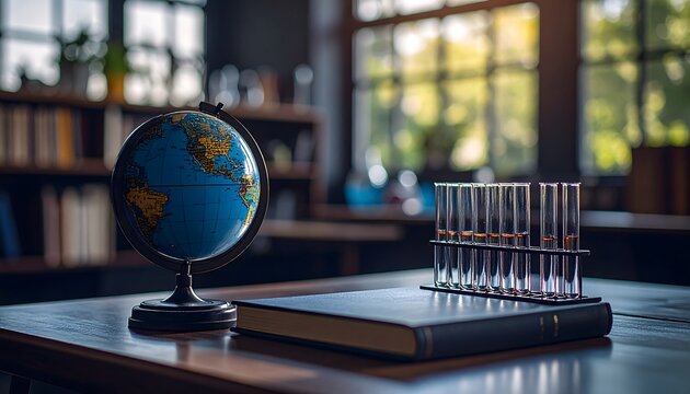 Science Lab Setup with Test Tubes and Globe in Cozy Classroom Environment