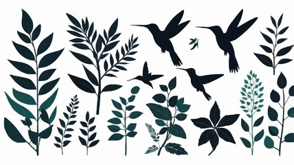 Fototapeta premium Set of leaves silhouette of beautiful plants, flower and hummingbird. Vector illustration . 