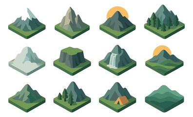 Isometric mountain and forest icons collection with minimalist design and natural elements