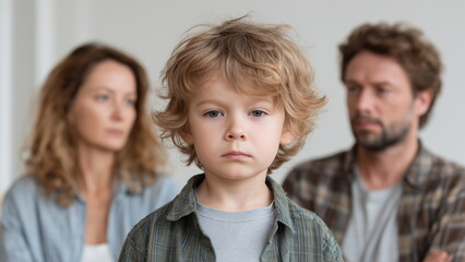 A small child stands in the middle with a sad, confused look while both parents stand nearby with tense, unhappy expressions. The scene reflects emotional strain and unresolved family issues.