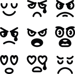 Set of black and white vector emoticons displaying a range of feelings, from happiness and love to sadness, anger, and fear.