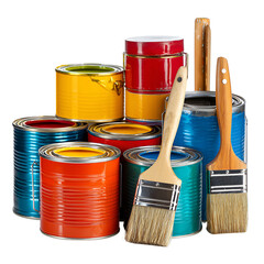 Colorful paint cans and brushes painting supplies home improvement