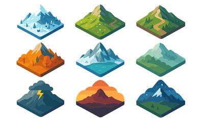 Naklejka premium Diverse isometric mountain landscapes with seasonal and weather variations