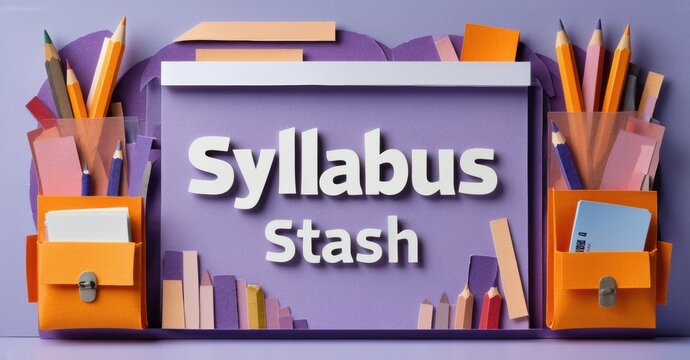 Papercraft design features syllabus stash text, books, pencils. Bright colors create playful education theme. Visual represents learning resources.