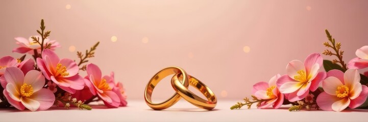 Two golden wedding rings entwined with vibrant flowers against a simple background, marriage, background