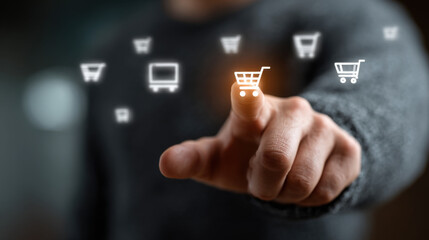 Digital Shopping and E-Commerce Concept with Hand Interacting with Virtual Cart Icons
