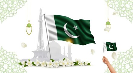 Illustration of Pakistan Independence Day with Crescent, Stars and Pakistan Map