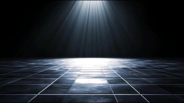 Dramatic spotlight illuminating dark tiled floor with evolving light patterns