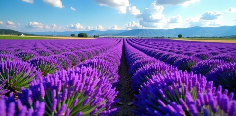 Vast rows of lavender in full bloom near Twizel, New Zealand , stock photo, summer, bloom