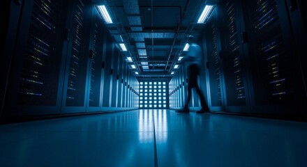 Man walking through an abstract data center corridor. Digital information superhighway for computer technology and internet concept.
