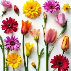 Vibrant blooms, diverse petals, white background, close-up, assorted