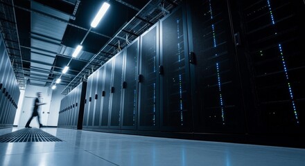A technician man walking in a data center between rows of server racks, with blue light glowing on the floor. IT infrastructure concept for business.