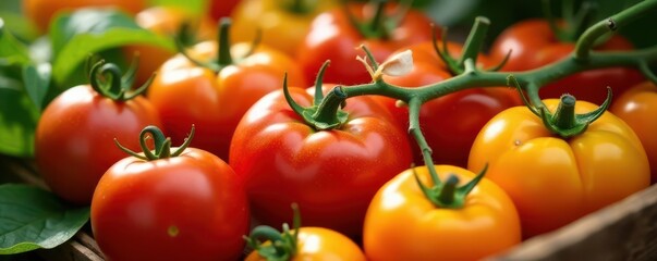 Vibrant heirloom tomatoes, red, yellow, orange, green , sauce, farm, plant