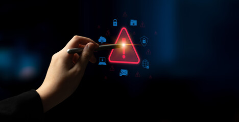 Cybersecurity threat alert protects data. Cyber security threat alert prevents access, alert warns...