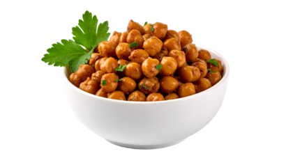 Healthy chickpeas served in white bowl with green herbs highlighting plant-based nutrition