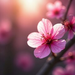 Vibrant pink sakura petals, sunlight illuminating the bloom , japanese cherry, delicate petals