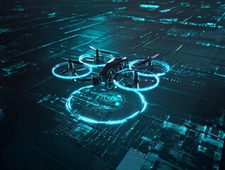 The image has shown a high-performance drone flying over a digital cyber city in a virtual reality style 3D illustration
