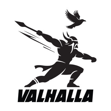 Silhouette of viking warrior with spear and bird above valhalla text