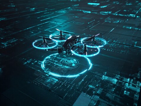 The image has shown a high-performance drone flying over a digital cyber city in a virtual reality style 3D illustration
