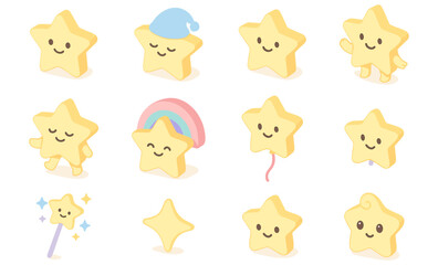 Cute cartoon star characters with happy faces in kawaii style
