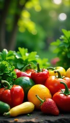 Vibrant veggies, ripe fruits, playful garden setting, harvest, purple, red