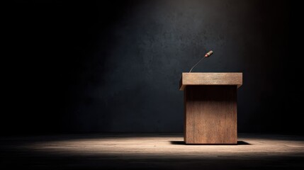 Simple wood podium in a shadowy room with microphone puplic speaking speech political background for politics or election concept