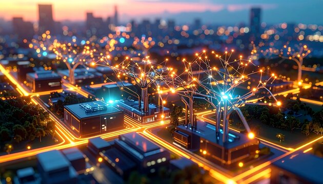 Illuminated Cityscape at Dusk with Connected Network