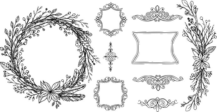 Big set with wreath, design elements, frames, calligraphic. Vector floral illustration with branches, berries, feathers and leaves. Nature frame on white background.