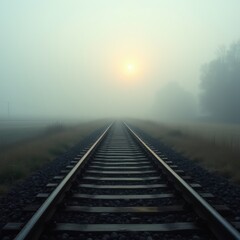 Fototapeta premium Foggy Railroad Track in Mystical Landscape