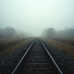 Tranquil Rail Pathway in Foggy Landscape