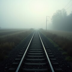 Fototapeta premium Foggy Railroad Tracks in Mystical Landscape