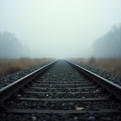 Fototapeta premium Foggy Railroad Tracks in Quiet Landscape
