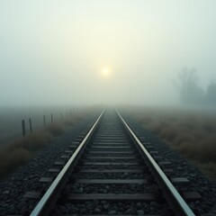Fototapeta premium Misty Railway Tracks at Sunrise in Fog