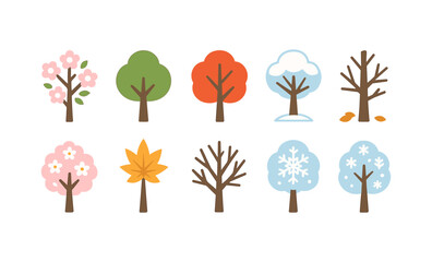 Seasonal tree collection in flat style - blossom, green, autumn, and snowy designs