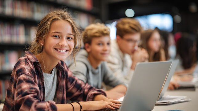 people, education, technology and school concept - happy students with laptop computer networking in library, no logos, no brands