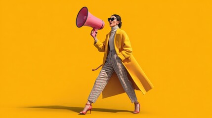 Hurry up concept Stylish woman with loudspeaker. final sales announcement Black friday excitement.