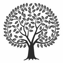 Stylized black and white tree with dense foliage in a symmetrical round shape and detailed leaf patterns