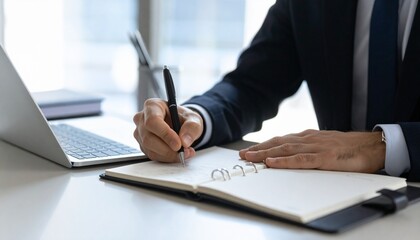 ビジネスシリーズ：明るいモダンなオフィスのデスクでメモを取る男性会社員の手