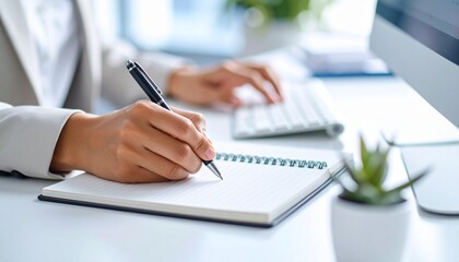ビジネスシリーズ：明るいモダンなオフィスのデスクでメモを取る女性の手