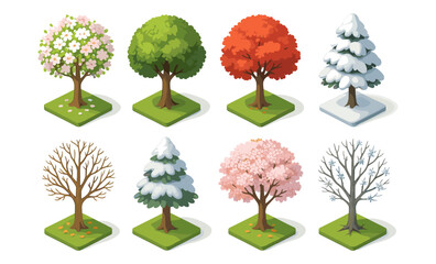 Seasonal tree variations in isometric style: spring to winter