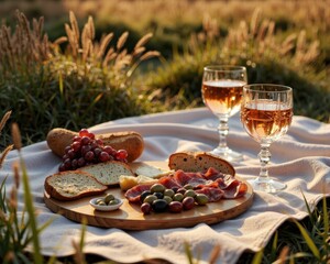 Romantic picnic with wine and charcuterie board in a grassy field at sunset
