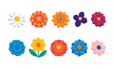 Colorful paper cut flowers collection with diverse blooms in modern flat design