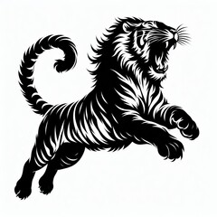 Fierce tiger roaring and leaping in a dynamic black and white illustration