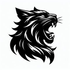 Fierce black panther head roaring with sharp teeth and mane