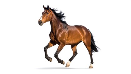 Obraz premium Brown horse in a running pose against a white background